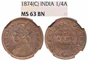 Victoria Queen, Copper ¼ Anna, 1874, Calcutta Mint, (Prid 608). Graded by NGC MS63BN.