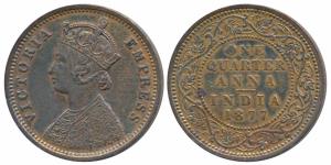 Victoria Empress, Copper ¼ Anna, 1877, Bombay Mint (Prid 637). Extremely Fine.