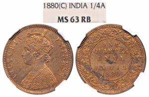 Victoria Empress, Copper ¼ Anna, 1880, Calcutta Mint, C below date on centre bead (Prid 61