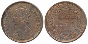 Victoria Empress, Copper ¼ Anna, 1880, Calcutta Mint, C below date on centre bead (Prid 61