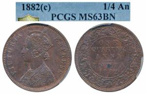 Victoria Empress, Copper ¼ Anna, 1882, Calcutta Mint (Prid 615). Graded by PCGS MS63BN.