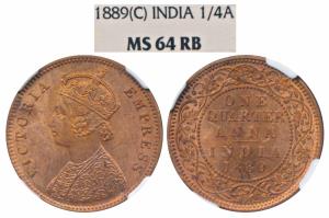 Victoria Empress, Copper ¼ Anna, 1889, Calcutta Mint (Prid 622). Graded by NGC MS64RB.