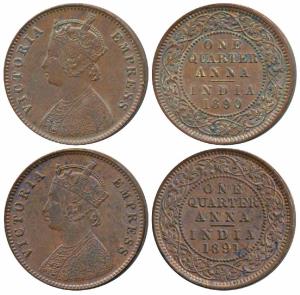 Victoria Empress, Copper ¼ Anna, 1890 & 1891, Calcutta Mint (Prid 623 & 624). About Extrem