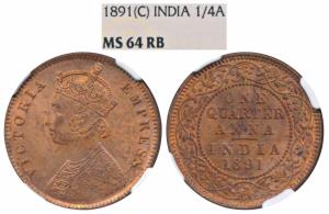Victoria Empress, Copper ¼ Anna, 1891, Calcutta Mint (Prid 624). Graded by NGC MS64RB.