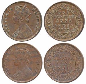 Victoria Empress, Copper ¼ Anna, 1892 & 1893, Calcutta Mint (Prid 625 & 626). Extremely Fi