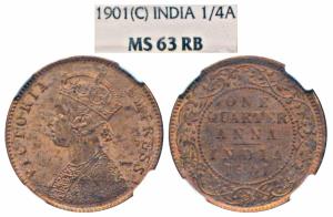 Victoria Empress, Copper ¼ Anna, 1901, Calcutta Mint (Prid 634). Graded by NGC MS63RB.