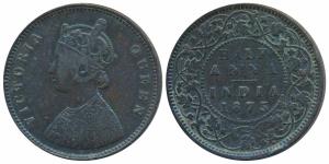 Victoria Queen, Copper ½ Anna, 1875, Calcutta Mint (Prid 583). About Very Fine, Rare.