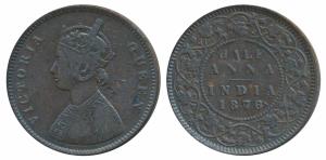 Victoria Queen, Copper ½ Anna, 1876, Calcutta Mint, Bust B, 4 panels to the jabot with tin