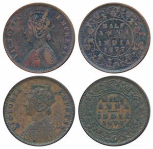 Victoria Empress, Copper ½ Anna, 1877, Calcutta Mint, two different types, one with a wide