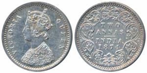 Victoria Queen, Silver 2 Annas, 1874, Bombay Mint, A / I / No mint mark, (Prid 516). Extre