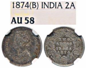 Victoria Queen, Silver 2 Annas, 1874, Bombay Mint, A / I / No mint mark, (Prid 516). Grade