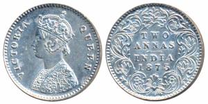Victoria Queen, Silver 2 Annas, 1875, Calcutta Mint, A / I / No mint mark (Prid 489). Abou