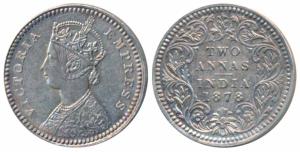 Victoria Empress, Silver 2 Annas, 1878, Calcutta Mint, B / II / No mint mark (Prid 493). E