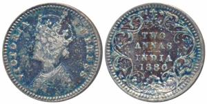 Victoria Empress, Silver 2 Annas, 1880, Calcutta Mint, B / II / C incuse (Prid 495). About