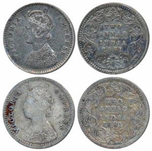Victoria Empress, Silver 2 Annas, 1881, Bombay Mint, A / II / dot; 1881, B / II dot (Prid 
