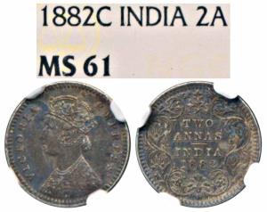 Victoria Empress, Silver 2 Annas, 1882, Calcutta Mint, B / II / C incuse (Prid 497). Grade