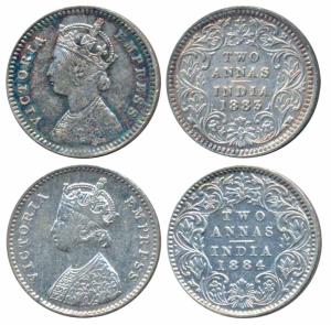 Victoria Empress, Silver 2 Annas, 1883, Calcutta Mint, B / II / C incuse (Prid 498); Bomba