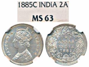 Victoria Empress, Silver 2 Annas, 1885, Calcutta Mint, B / II / C incuse, (Prid 500). Grad