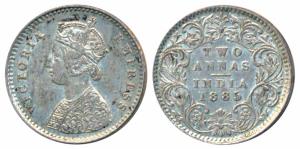 Victoria Empress, Silver 2 Annas, 1885, Bombay Mint, A / I / B raised (Prid 537). About Ex
