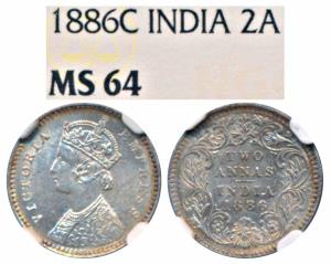 Victoria Empress, Silver 2 Annas, 1886, Calcutta Mint, B / II / C incuse (Prid 501). Grade
