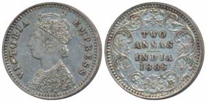 Victoria Empress, Silver 2 Annas, 1886, Bombay Mint, B / II / B incuse (Prid 539). Very Fi