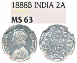 Victoria Empress, Silver 2 Annas, 1888, Bombay Mint, B / II / B incuse (Prid 541). Graded 