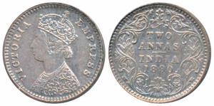 Victoria Empress, Silver 2 Annas, 1890, Calcutta Mint, B / II / No mint mark (Prid 543). E