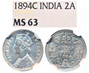 Victoria Empress, Silver 2 Annas, 1894, Calcutta Mint, B / II / C incuse (Prid 509). Grade
