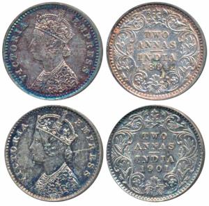 Victoria Empress, Silver 2 Annas, 1894, Bombay Mint, B / II / B Incuse (Prid 548); 1901, C
