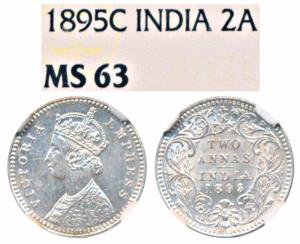 Victoria Empress, Silver 2 Annas, 1895, Calcutta Mint, B / II / C incuse (Prid 510). Grade