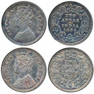 Victoria Empress, Silver 2 Annas, 1896, Calcutta Mint, B / II / C incuse (Prid 511); 1896,