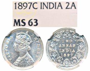 Victoria Empress, Silver 2 Annas, 1897, Calcutta Mint, B / II / C incuse, (Prid 512). Grad