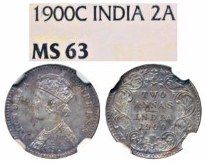 Victoria Empress, Silver 2 Annas, 1900, Calcutta Mint, B / II / C incuse (Prid 514). Grade