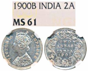 Victoria Empress, Silver 2 Annas, 1900, Bombay Mint, B / I / B raised (Prid 553). Graded b