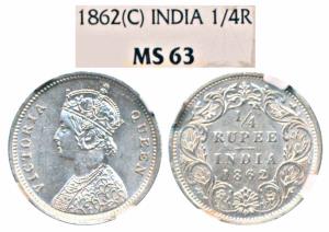 Victoria Queen, Silver ¼ Rupee, 1862, Calcutta Mint (Prid 376). Graded by NGC MS63.
