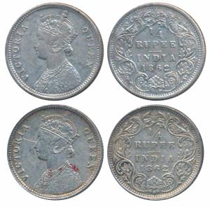 Victoria Queen, Silver ¼ Rupee, 1862, Calcutta Mint, (Prid 376); Bombay Mint, (Prid 377). 