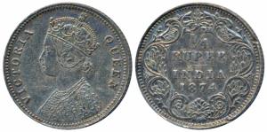 Victoria Queen, Silver ¼ Rupee, 1874, Calcutta Mint, A/ I, No mint mark (Prid 379). Extrem