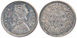 Victoria Queen, Silver ¼ Rupee, 1875, Bombay Mint, A/ I, No mint mark (Prid 406). About Un