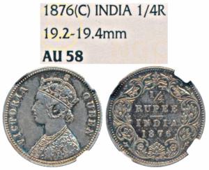 Victoria Queen, Silver ¼ Rupee, 1876, Calcutta Mint, A / I, No mint mark (Prid 381). Grade
