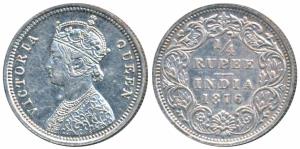 Victoria Queen, Silver ¼ Rupee, 1876, Bombay Mint, A / I, No mint mark (Prid 407). About E