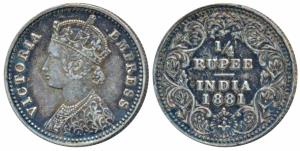 Victoria Empress, Silver ¼ Rupee, 1881, Bombay Mint, C / II / dot, Unlisted in Pridmore. V