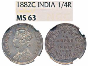 Victoria Empress, Silver ¼ Rupee, 1882, Calcutta Mint, C / II / C incuse (Prid 387). Grade