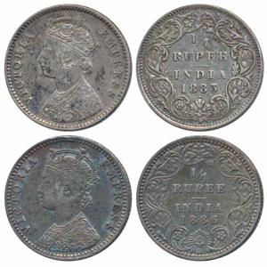 Victoria Empress, Silver ¼ Rupee, 1883, Bombay Mint, B / I / dot (Prid 415); 1886, Bombay 