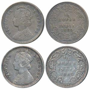 Victoria Empress, Silver ¼ Rupee, 1885, Calcutta Mint, C / II / C incuse (Prid 390); Bomba