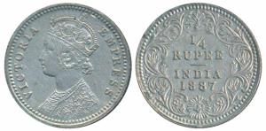 Victoria Empress, Silver ¼ Rupee, 1887, Calcutta Mint, C / II / C incuse (Prid 392). About