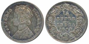 Victoria Empress, Silver ¼ Rupee, 1892, Bombay Mint, C / I / B incuse (Prid 427). About Ex