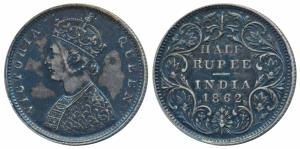 Victoria Queen, Silver ½ Rupee, 1862, Bombay Mint, B1 / II, Round pearls in the crown, (Pr