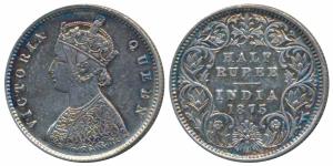 Victoria Queen, Silver ½ Rupee, 1875, Calcutta Mint, A / I No mint mark, (Prid 260). Very 