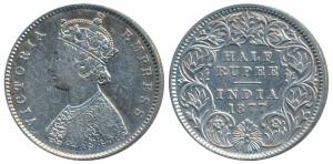 Victoria Empress, Silver ½ Rupee, 1877, Calcutta Mint, A / I, No mint mark, (Prid 261). Ab