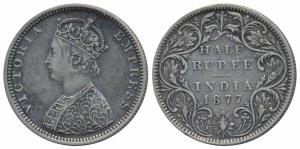 Victoria Empress, Silver ½ Rupee, 1877, Bombay Mint, B / II / dot (Prid 288). Very Fine.